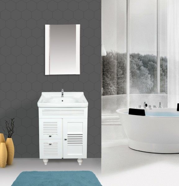 Cabinet Vanity  - White Floor Mounted Bathroom Vanity With Mirror