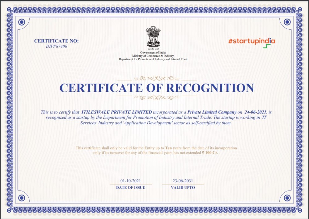 TilesWale - Startup India Government Certificate